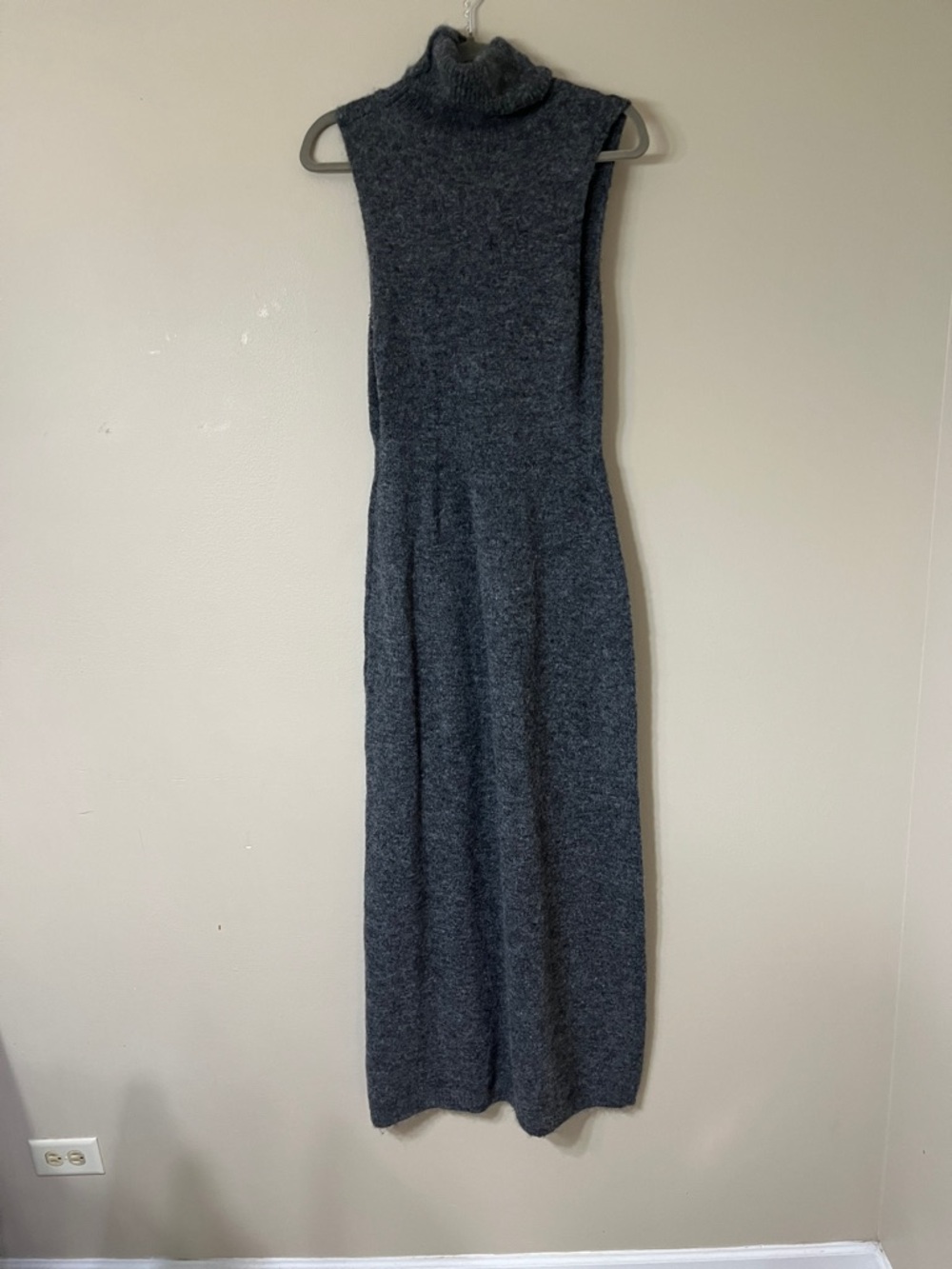Sleeveless Turtleneck Maxi Dress in Charcoal Gray Polyester and Wool